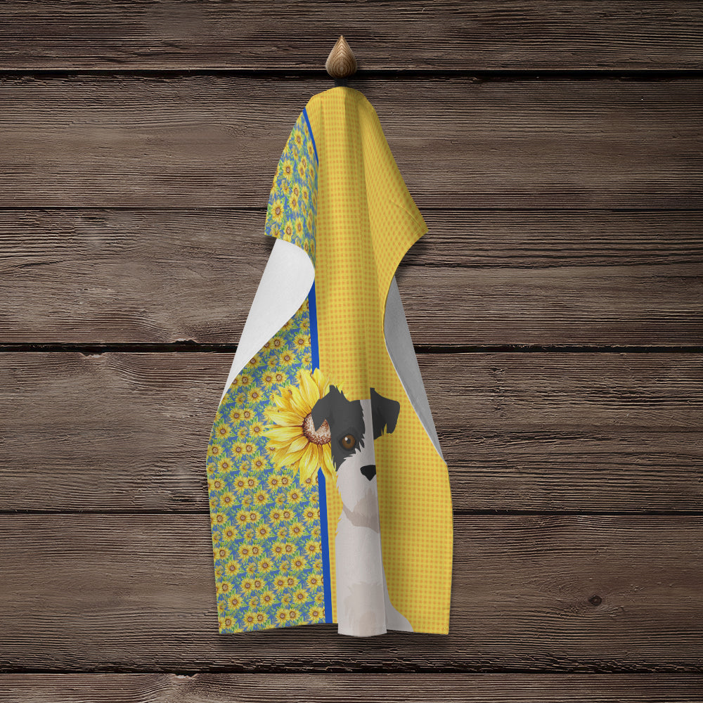 Summer Sunflowers Black White Wirehair Jack Russell Terrier Kitchen Towel Velour Plush Front and Cotton Loop Back Machine Washable