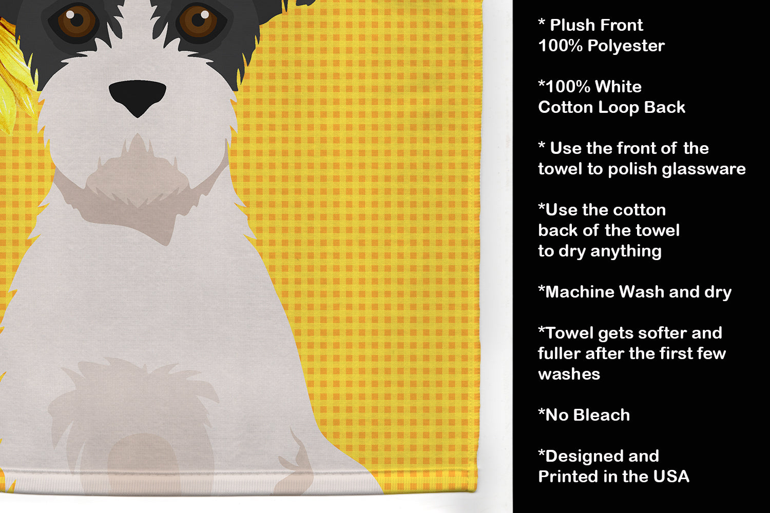 Summer Sunflowers Black White Wirehair Jack Russell Terrier Kitchen Towel Velour Plush Front and Cotton Loop Back Machine Washable