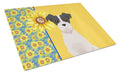 Summer Sunflowers Black White Wirehair Jack Russell Terrier Cutting Board Tempered Glass Kitchen Cutting Surface, Heat Resistant Chopping, Non-Slip Feet, Food Prep & Serving