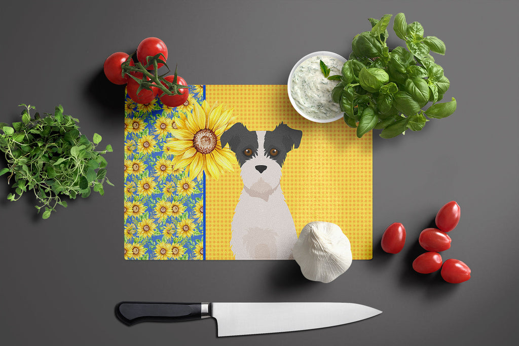 Summer Sunflowers Black White Wirehair Jack Russell Terrier Cutting Board Tempered Glass Kitchen Cutting Surface, Heat Resistant Chopping, Non-Slip Feet, Food Prep & Serving