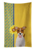 Summer Sunflowers Brown White Smooth Jack Russell Terrier Kitchen Towel Velour Plush Front and Cotton Loop Back Machine Washable