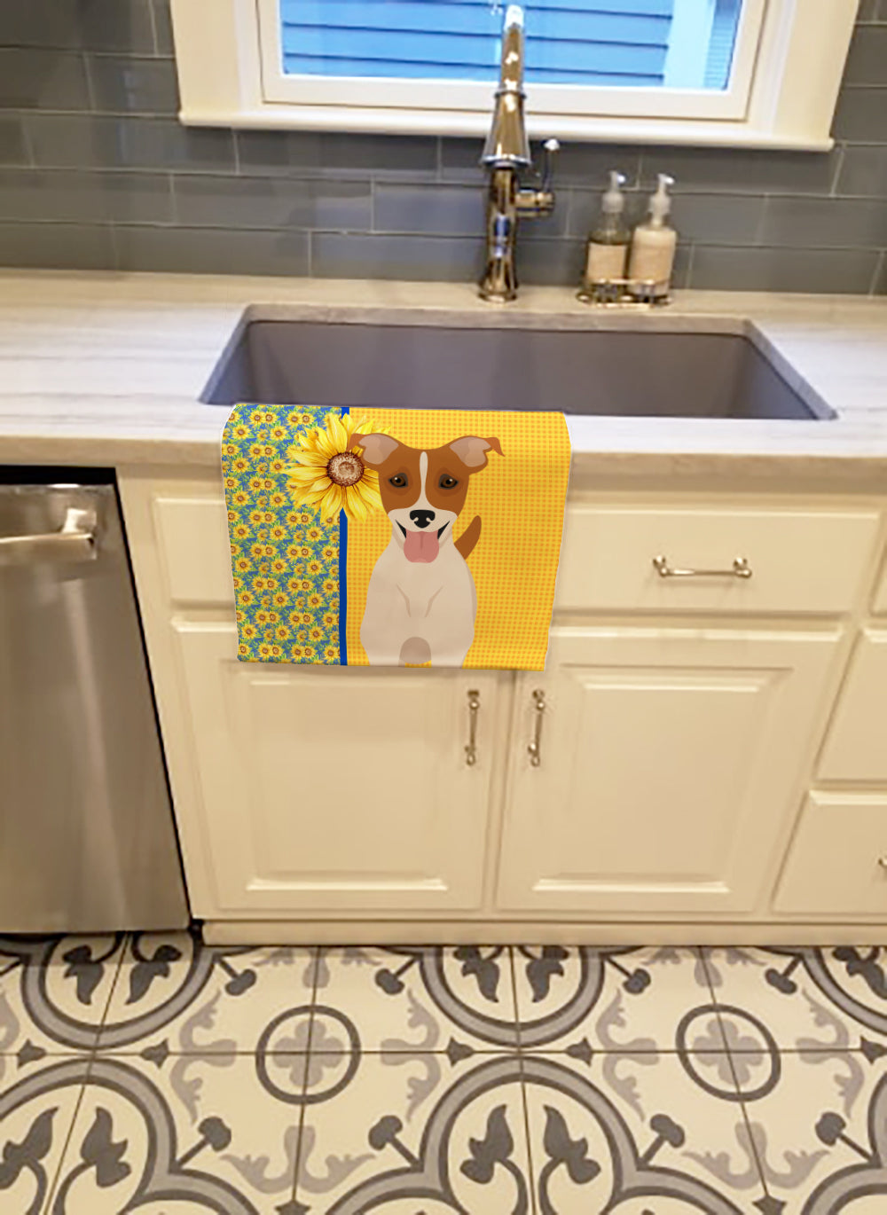 Summer Sunflowers Brown White Smooth Jack Russell Terrier Kitchen Towel Velour Plush Front and Cotton Loop Back Machine Washable