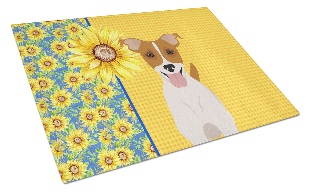 Summer Sunflowers Brown White Smooth Jack Russell Terrier Cutting Board Tempered Glass Kitchen Cutting Surface, Heat Resistant Chopping, Non-Slip Feet, Food Prep & Serving