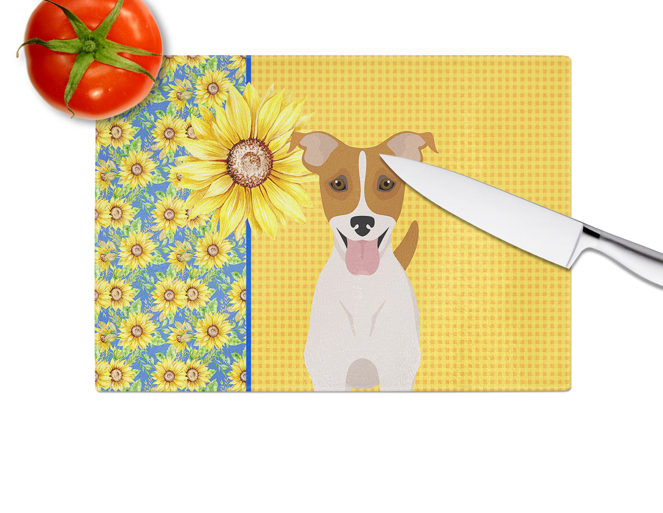 Summer Sunflowers Brown White Smooth Jack Russell Terrier Cutting Board Tempered Glass Kitchen Cutting Surface, Heat Resistant Chopping, Non-Slip Feet, Food Prep & Serving