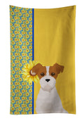 Summer Sunflowers Brown White Wirehair Jack Russell Terrier Kitchen Towel Velour Plush Front and Cotton Loop Back Machine Washable
