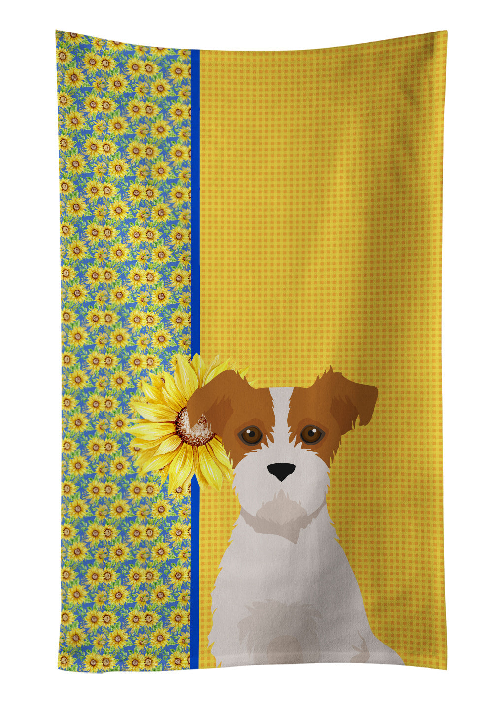 Summer Sunflowers Brown White Wirehair Jack Russell Terrier Kitchen Towel Velour Plush Front and Cotton Loop Back Machine Washable