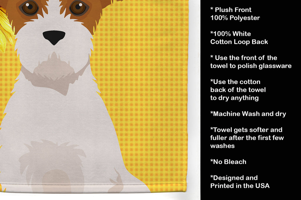 Summer Sunflowers Brown White Wirehair Jack Russell Terrier Kitchen Towel Velour Plush Front and Cotton Loop Back Machine Washable