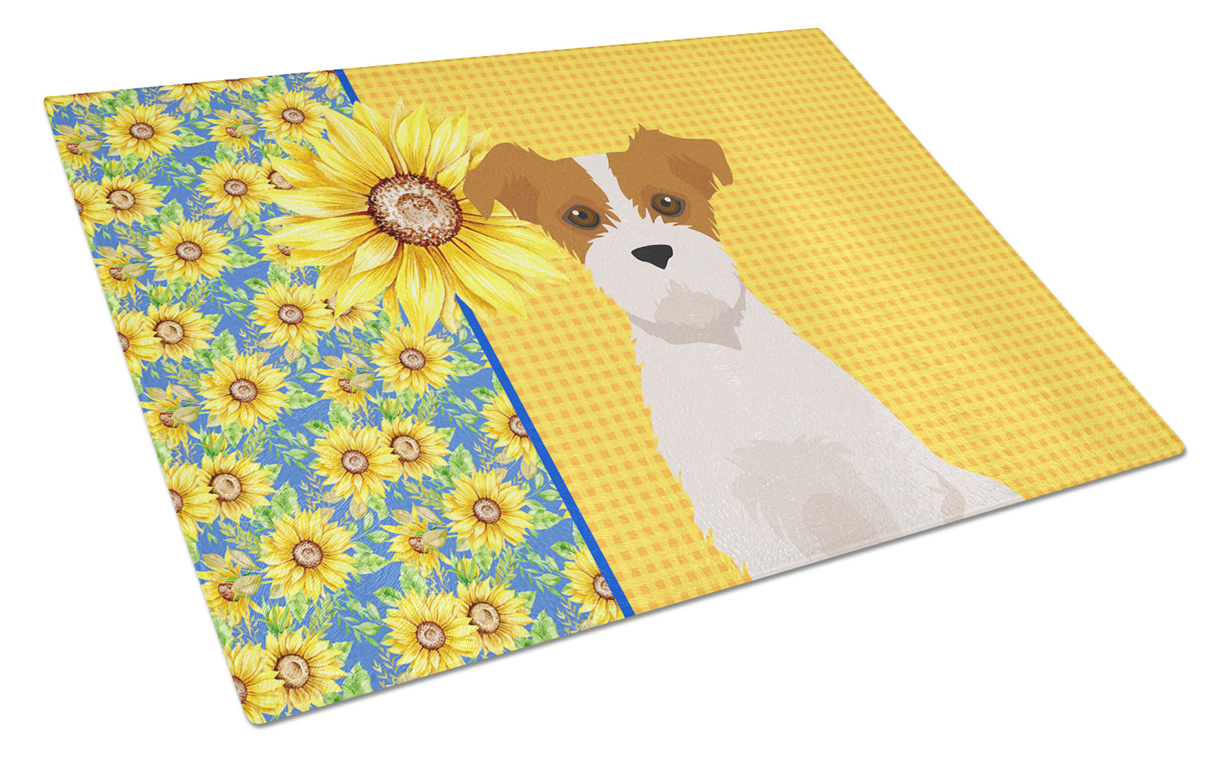 Summer Sunflowers Brown White Wirehair Jack Russell Terrier Cutting Board Tempered Glass Kitchen Cutting Surface, Heat Resistant Chopping, Non-Slip Feet, Food Prep & Serving