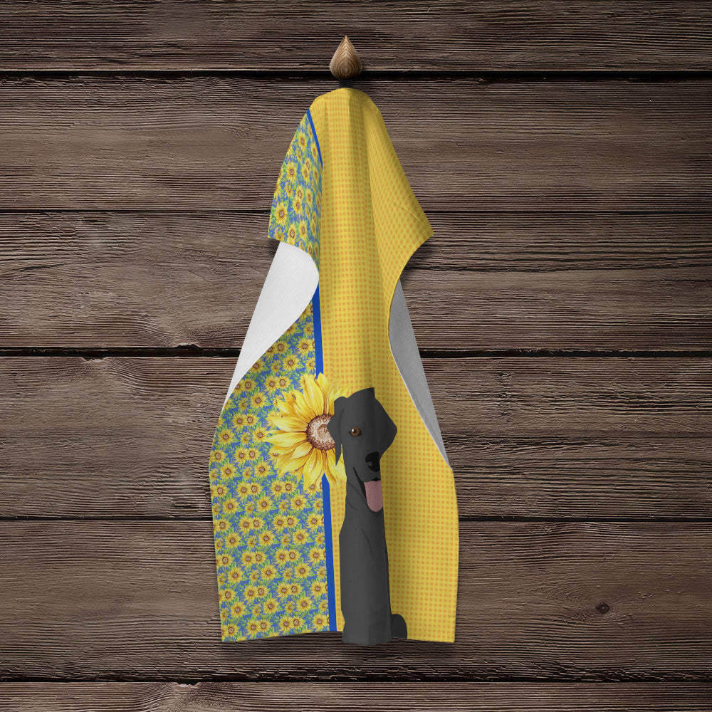 Summer Sunflowers Black Labrador Retriever Kitchen Towel Velour Plush Front and Cotton Loop Back Machine Washable