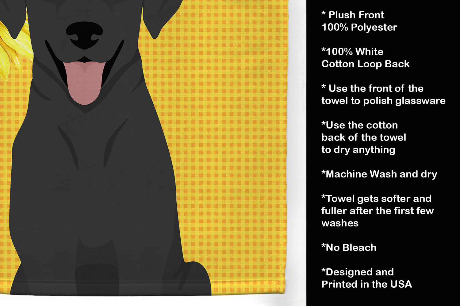 Summer Sunflowers Black Labrador Retriever Kitchen Towel Velour Plush Front and Cotton Loop Back Machine Washable