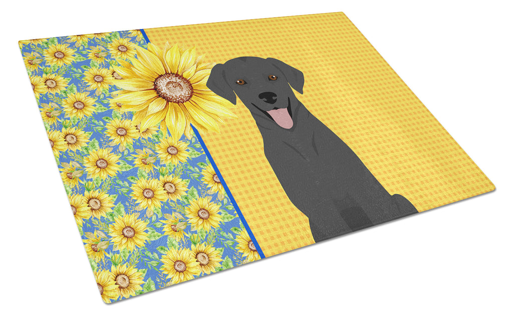 Summer Sunflowers Black Labrador Retriever Cutting Board Tempered Glass Kitchen Cutting Surface, Heat Resistant Chopping, Non-Slip Feet, Food Prep & Serving