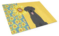 Summer Sunflowers Black Labrador Retriever Cutting Board Tempered Glass Kitchen Cutting Surface, Heat Resistant Chopping, Non-Slip Feet, Food Prep & Serving