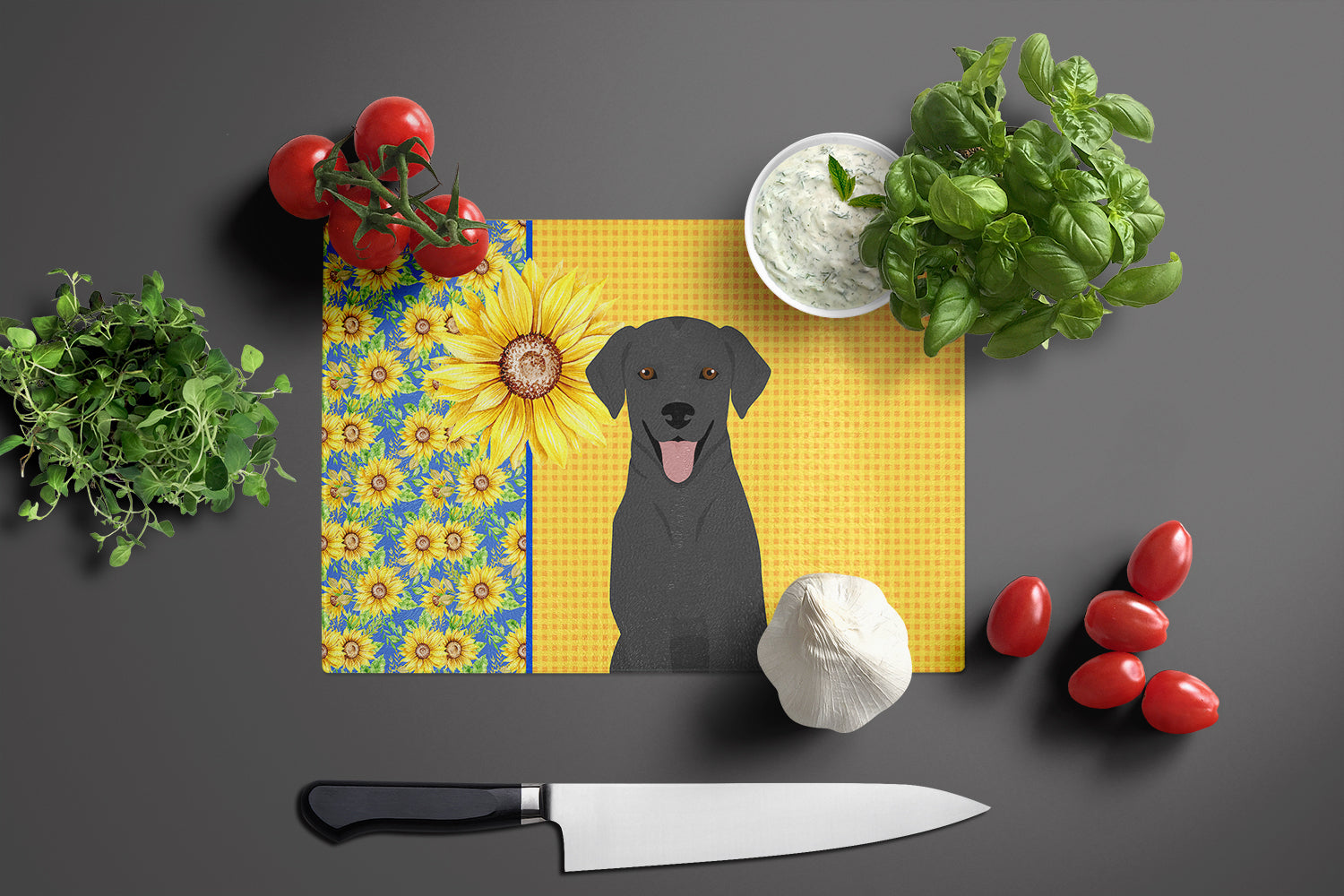 Summer Sunflowers Black Labrador Retriever Cutting Board Tempered Glass Kitchen Cutting Surface, Heat Resistant Chopping, Non-Slip Feet, Food Prep & Serving