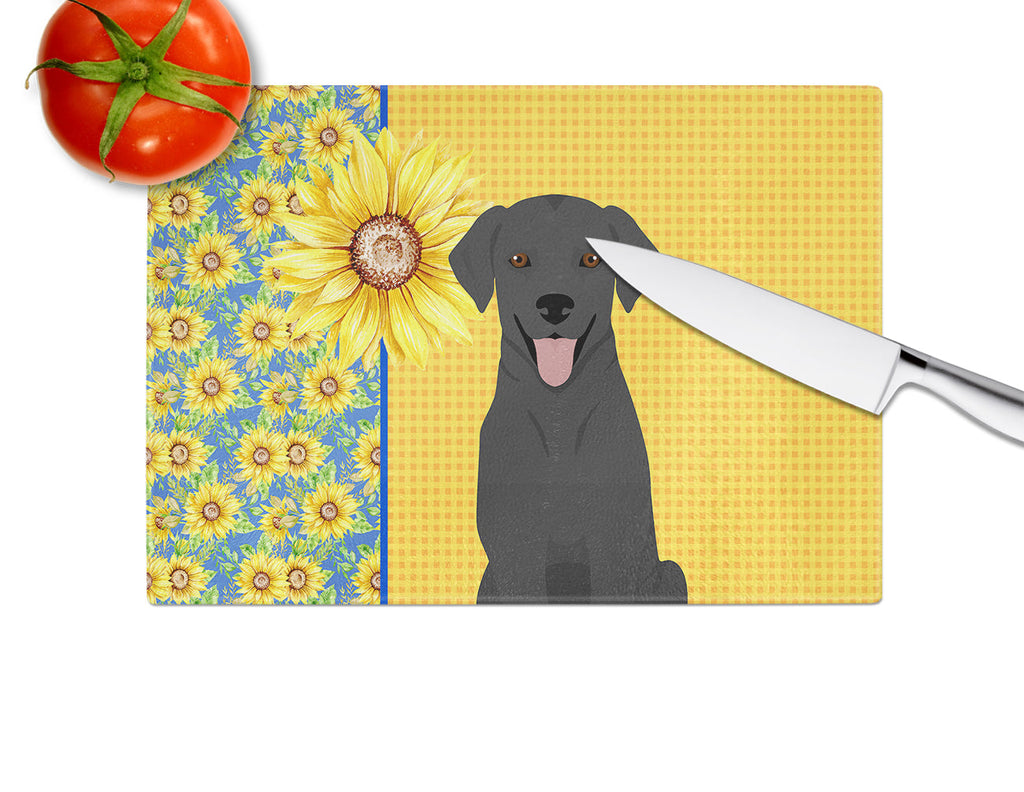 Summer Sunflowers Black Labrador Retriever Cutting Board Tempered Glass Kitchen Cutting Surface, Heat Resistant Chopping, Non-Slip Feet, Food Prep & Serving
