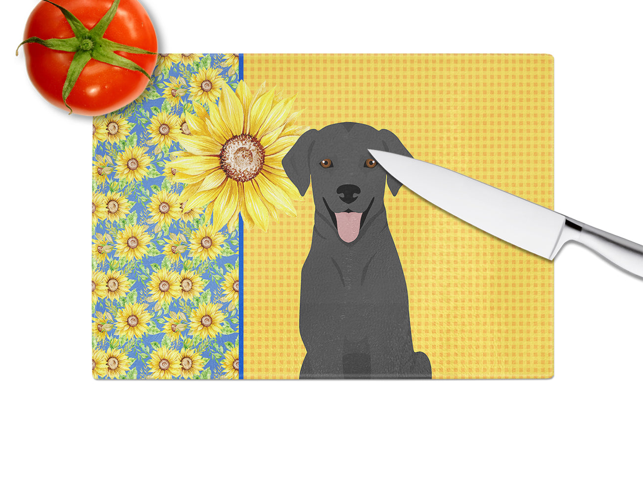 Summer Sunflowers Black Labrador Retriever Cutting Board Tempered Glass Kitchen Cutting Surface, Heat Resistant Chopping, Non-Slip Feet, Food Prep & Serving