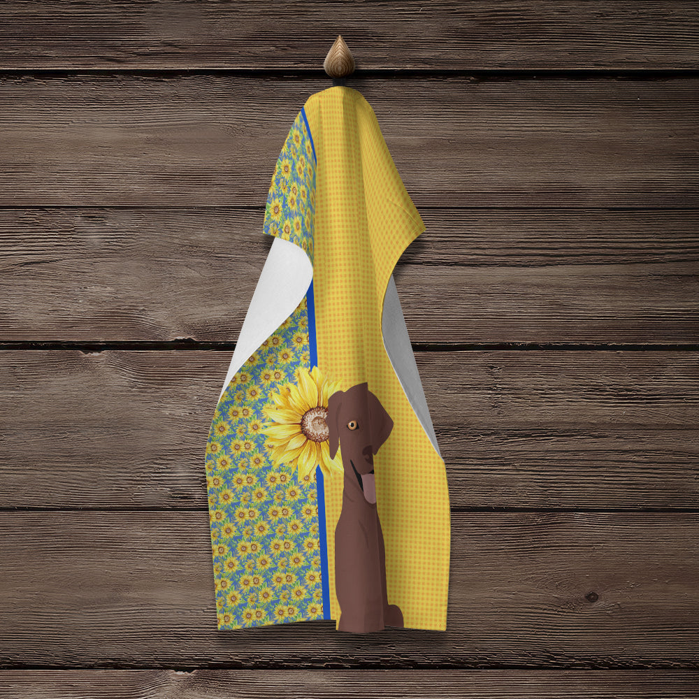 Summer Sunflowers Chocolate Labrador Retriever Kitchen Towel Velour Plush Front and Cotton Loop Back Machine Washable