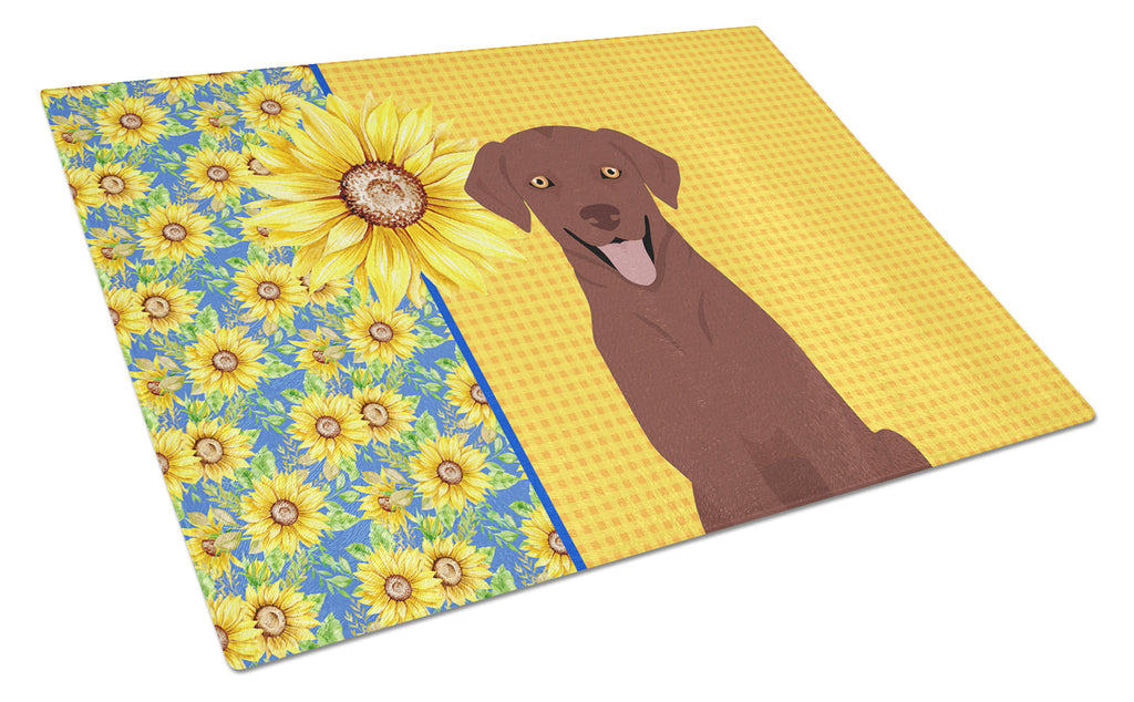 Summer Sunflowers Chocolate Labrador Retriever Cutting Board Tempered Glass Kitchen Cutting Surface, Heat Resistant Chopping, Non-Slip Feet, Food Prep & Serving