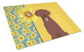 Summer Sunflowers Chocolate Labrador Retriever Cutting Board Tempered Glass Kitchen Cutting Surface, Heat Resistant Chopping, Non-Slip Feet, Food Prep & Serving