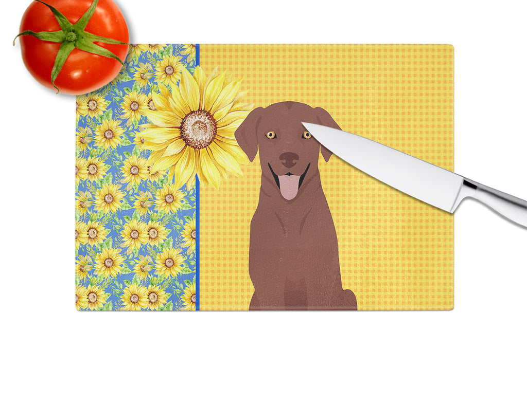 Summer Sunflowers Chocolate Labrador Retriever Cutting Board Tempered Glass Kitchen Cutting Surface, Heat Resistant Chopping, Non-Slip Feet, Food Prep & Serving