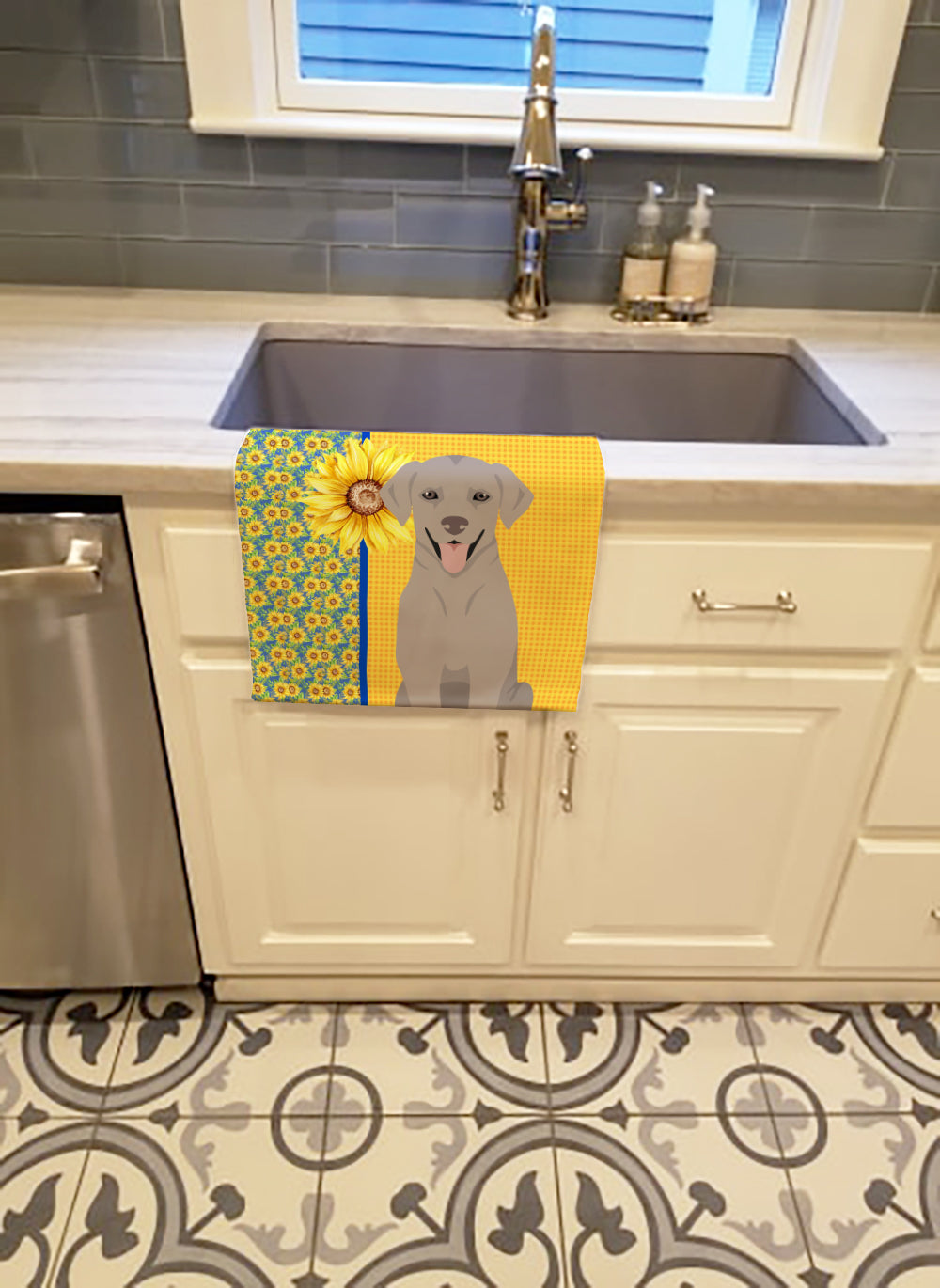 Summer Sunflowers Gray Labrador Retriever Kitchen Towel Velour Plush Front and Cotton Loop Back Machine Washable