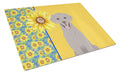 Summer Sunflowers Gray Labrador Retriever Cutting Board Tempered Glass Kitchen Cutting Surface, Heat Resistant Chopping, Non-Slip Feet, Food Prep & Serving