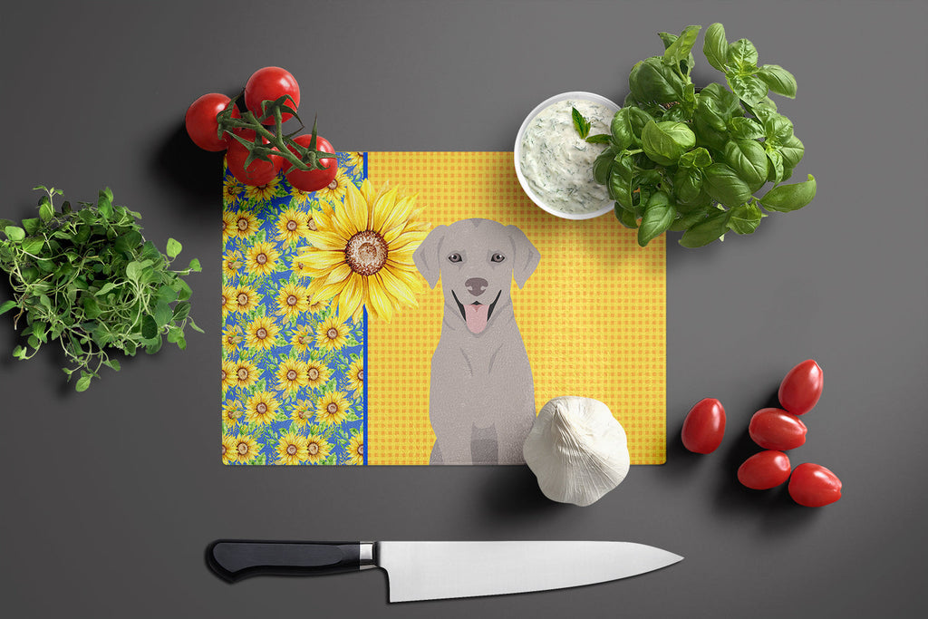 Summer Sunflowers Gray Labrador Retriever Cutting Board Tempered Glass Kitchen Cutting Surface, Heat Resistant Chopping, Non-Slip Feet, Food Prep & Serving