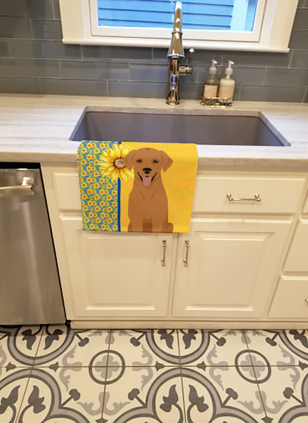 Summer Sunflowers Red Fox Labrador Retriever Kitchen Towel Velour Plush Front and Cotton Loop Back Machine Washable