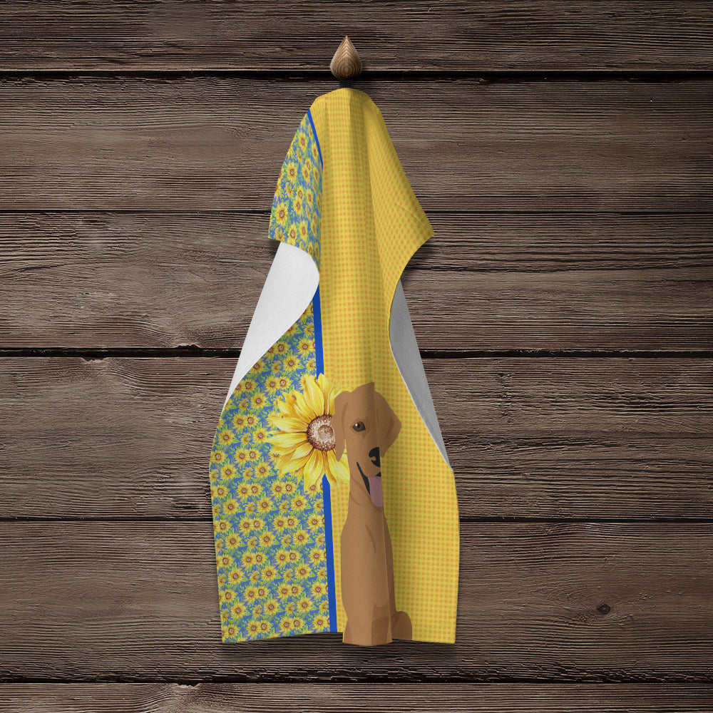 Summer Sunflowers Red Fox Labrador Retriever Kitchen Towel Velour Plush Front and Cotton Loop Back Machine Washable