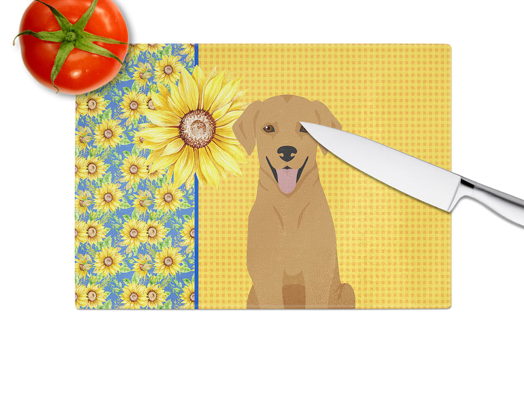 Summer Sunflowers Red Fox Labrador Retriever Cutting Board Tempered Glass Kitchen Cutting Surface, Heat Resistant Chopping, Non-Slip Feet, Food Prep & Serving
