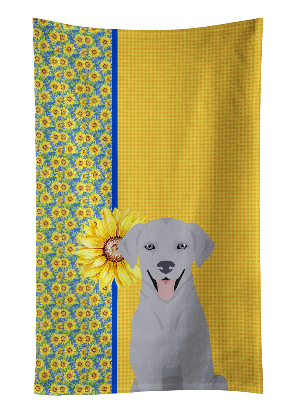 Summer Sunflowers Silver Labrador Retriever Kitchen Towel Velour Plush Front and Cotton Loop Back Machine Washable