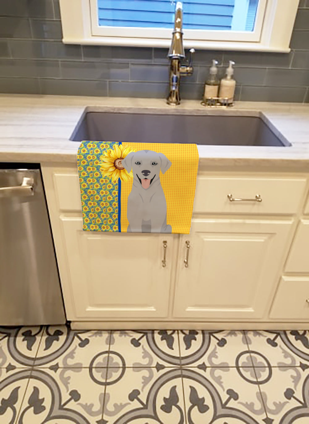 Summer Sunflowers Silver Labrador Retriever Kitchen Towel Velour Plush Front and Cotton Loop Back Machine Washable
