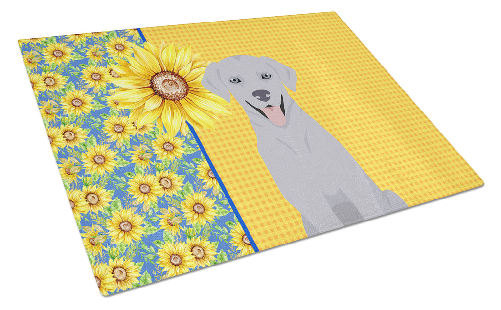 Summer Sunflowers Silver Labrador Retriever Cutting Board Tempered Glass Kitchen Cutting Surface, Heat Resistant Chopping, Non-Slip Feet, Food Prep & Serving
