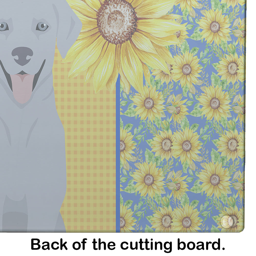 Summer Sunflowers Silver Labrador Retriever Cutting Board Tempered Glass Kitchen Cutting Surface, Heat Resistant Chopping, Non-Slip Feet, Food Prep & Serving