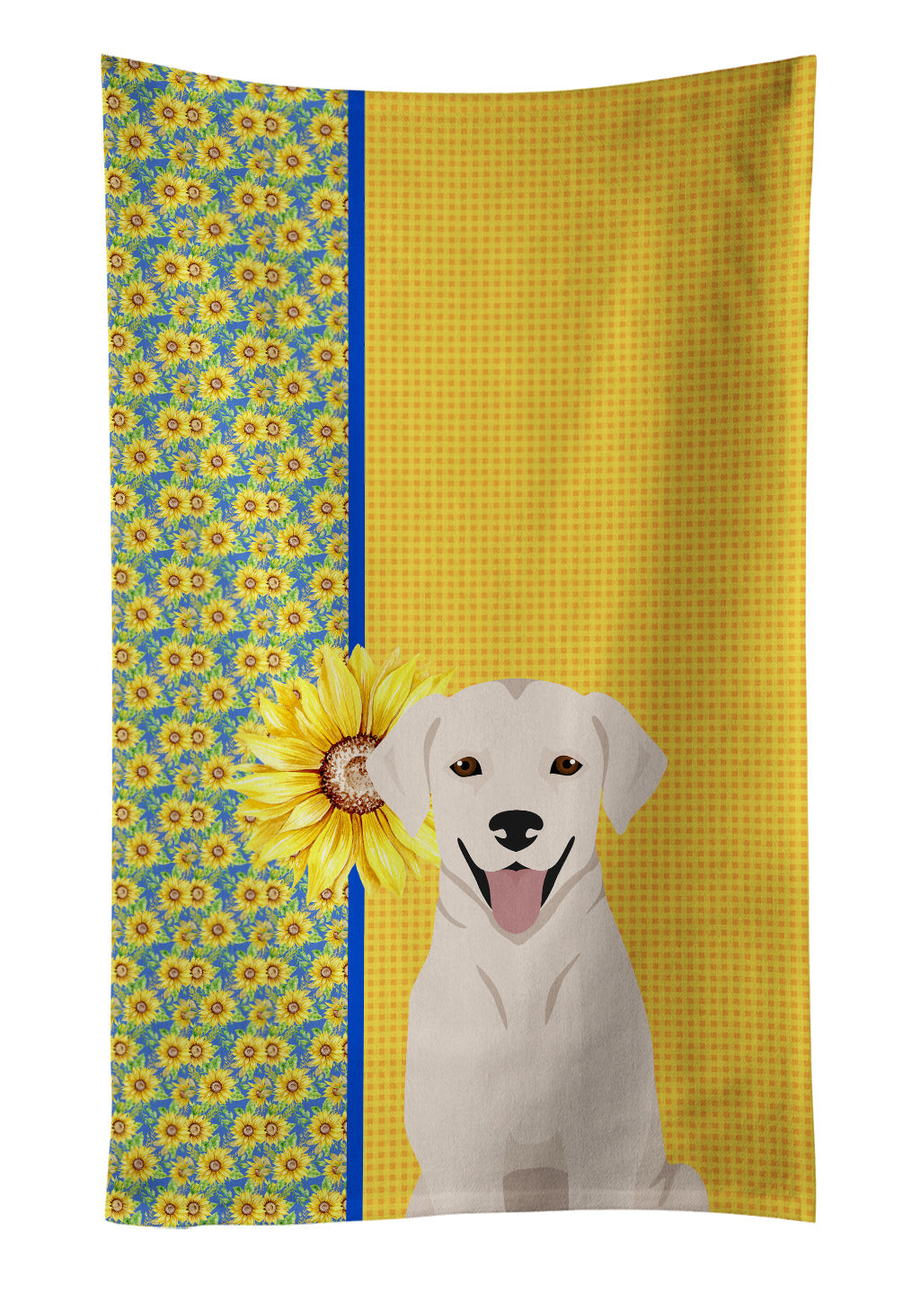 Summer Sunflowers White Cream Labrador Retriever Kitchen Towel Velour Plush Front and Cotton Loop Back Machine Washable
