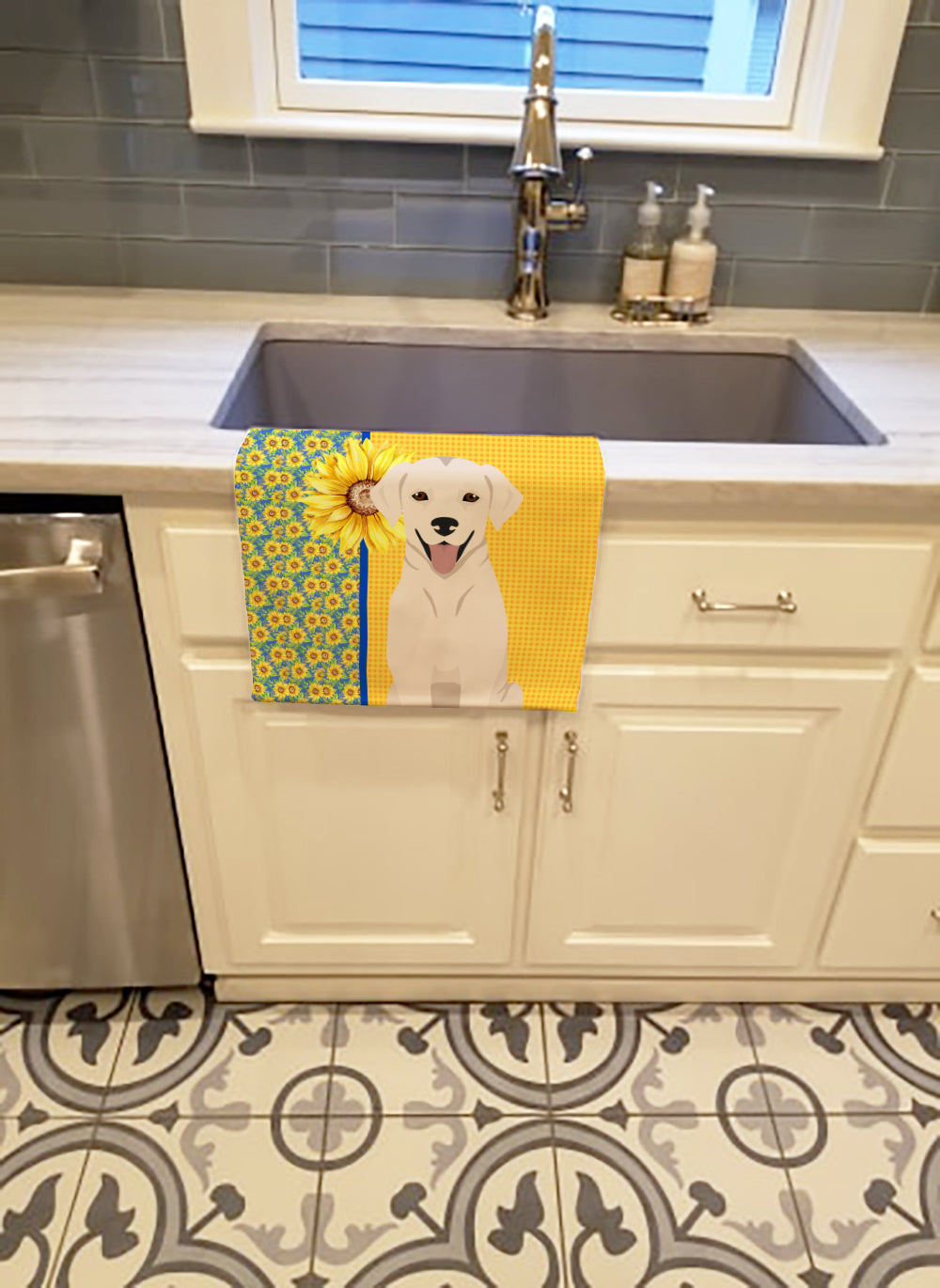 Summer Sunflowers White Cream Labrador Retriever Kitchen Towel Velour Plush Front and Cotton Loop Back Machine Washable