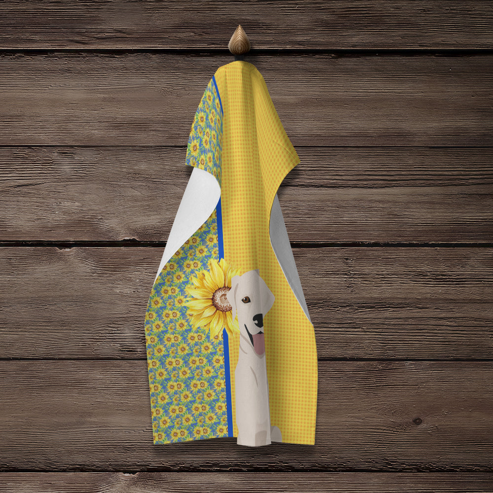 Summer Sunflowers White Cream Labrador Retriever Kitchen Towel Velour Plush Front and Cotton Loop Back Machine Washable