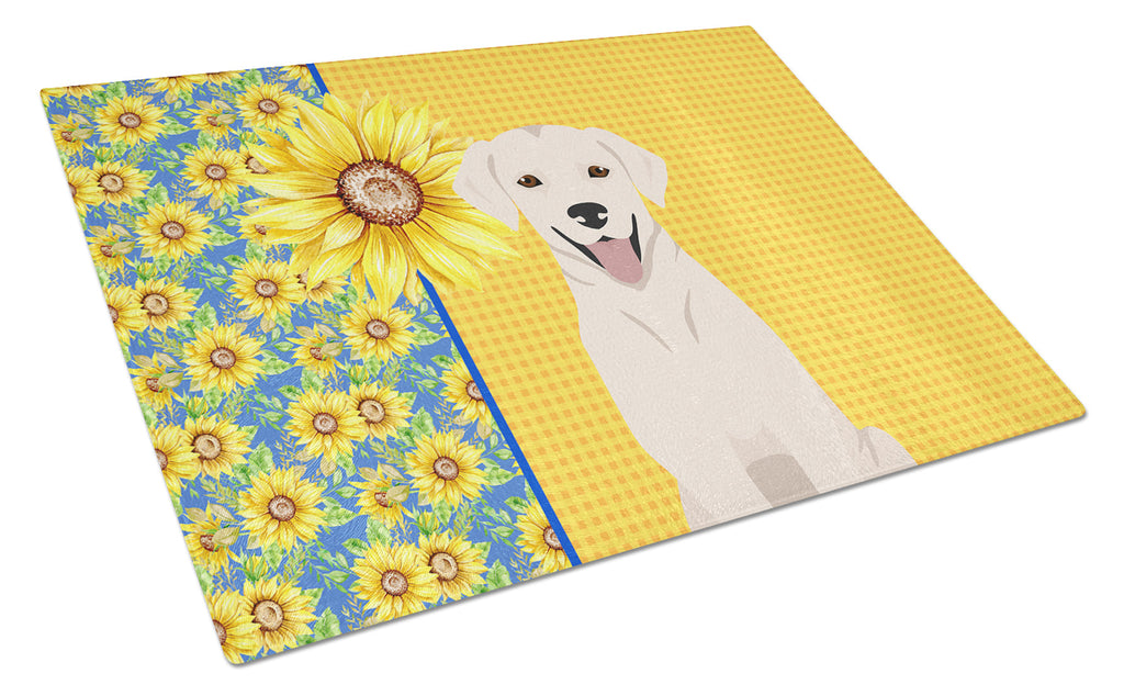 Summer Sunflowers White Cream Labrador Retriever Cutting Board Tempered Glass Kitchen Cutting Surface, Heat Resistant Chopping, Non-Slip Feet, Food Prep & Serving