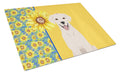 Summer Sunflowers White Cream Labrador Retriever Cutting Board Tempered Glass Kitchen Cutting Surface, Heat Resistant Chopping, Non-Slip Feet, Food Prep & Serving