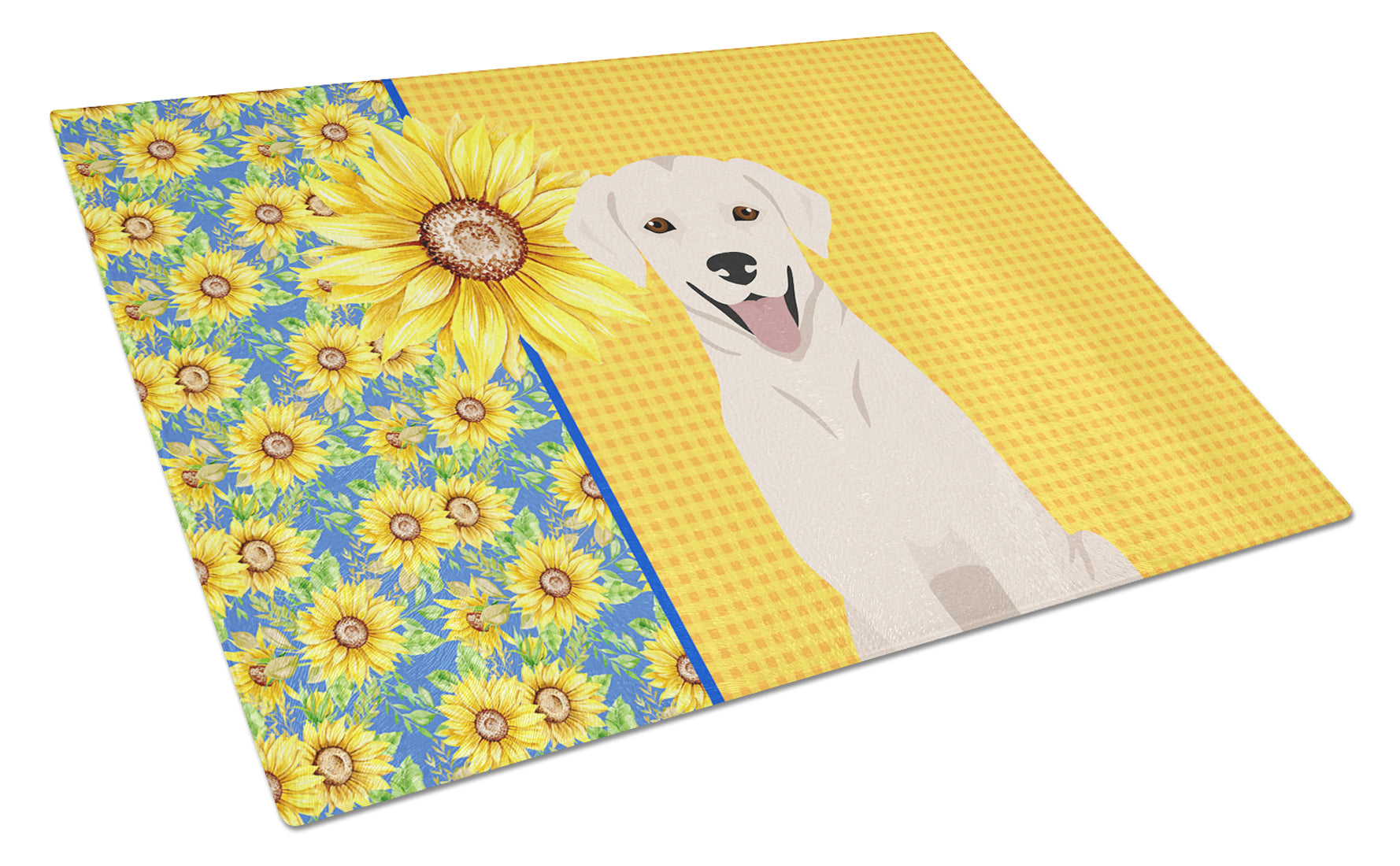 Summer Sunflowers White Cream Labrador Retriever Cutting Board Tempered Glass Kitchen Cutting Surface, Heat Resistant Chopping, Non-Slip Feet, Food Prep & Serving