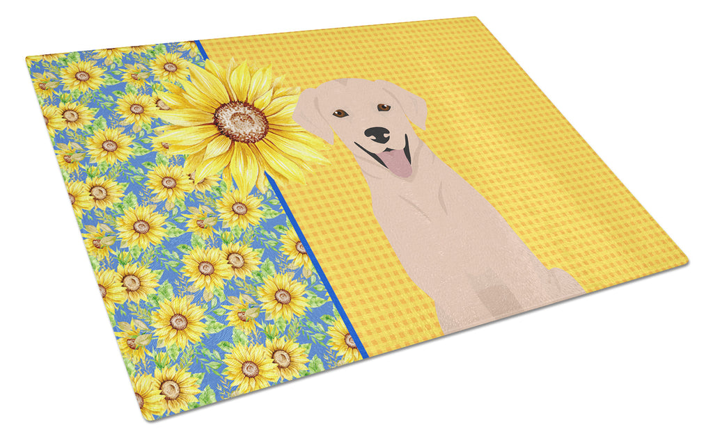 Summer Sunflowers Yellow Labrador Retriever Cutting Board Tempered Glass Kitchen Cutting Surface, Heat Resistant Chopping, Non-Slip Feet, Food Prep & Serving