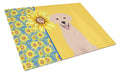 Summer Sunflowers Yellow Labrador Retriever Cutting Board Tempered Glass Kitchen Cutting Surface, Heat Resistant Chopping, Non-Slip Feet, Food Prep & Serving