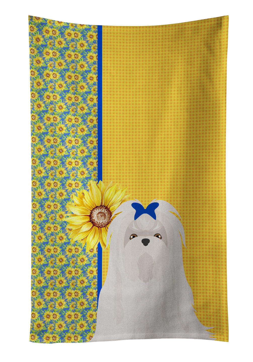 Summer Sunflowers Maltese Kitchen Towel Velour Plush Front and Cotton Loop Back Machine Washable
