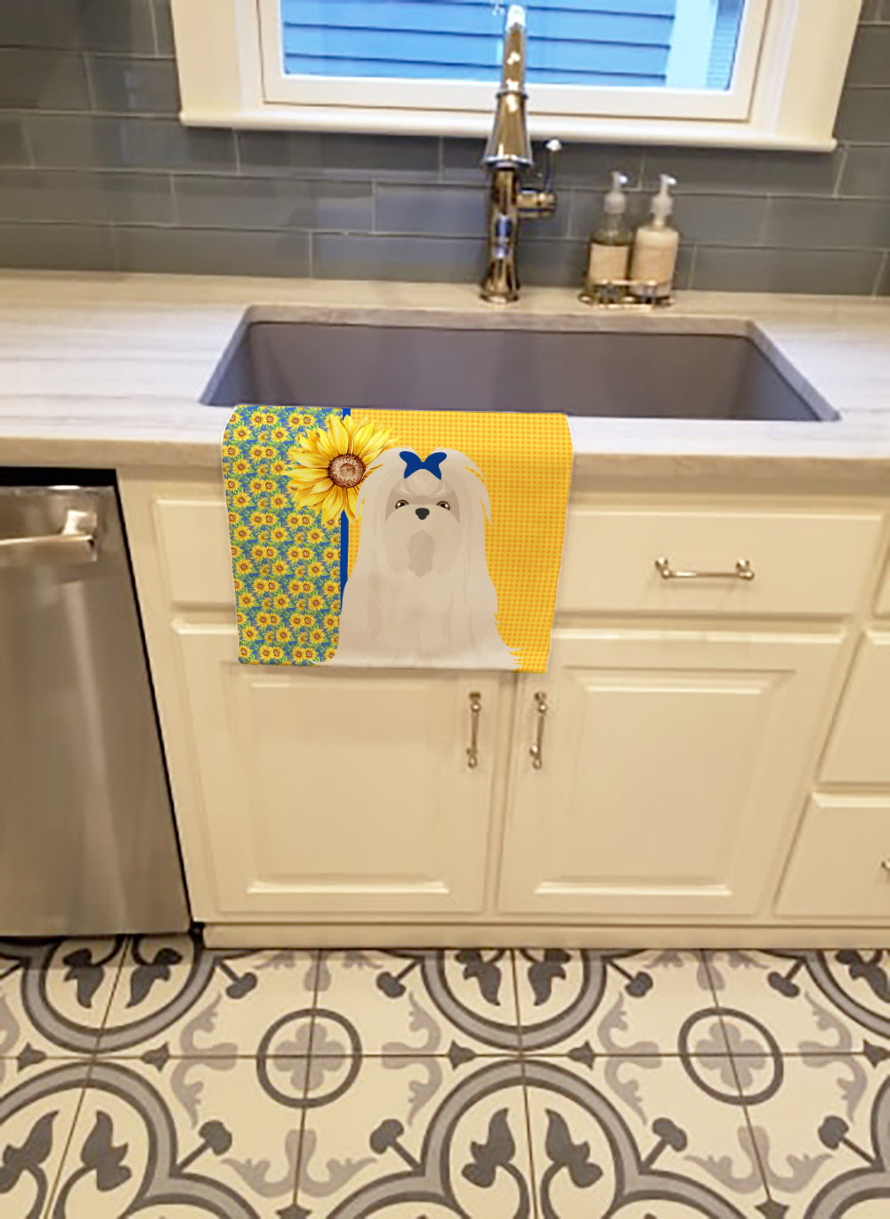 Summer Sunflowers Maltese Kitchen Towel Velour Plush Front and Cotton Loop Back Machine Washable