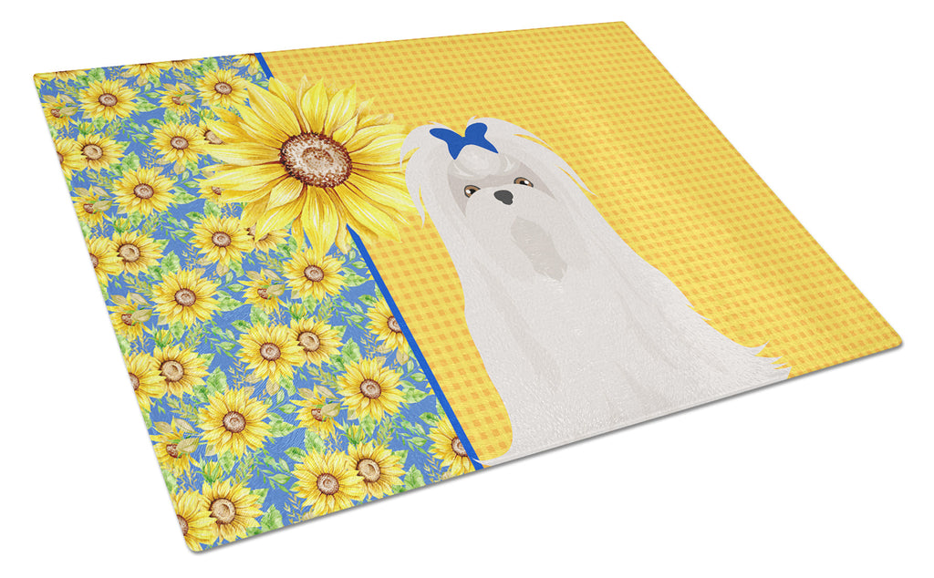 Summer Sunflowers Maltese Cutting Board Tempered Glass Kitchen Cutting Surface, Heat Resistant Chopping, Non-Slip Feet, Food Prep & Serving