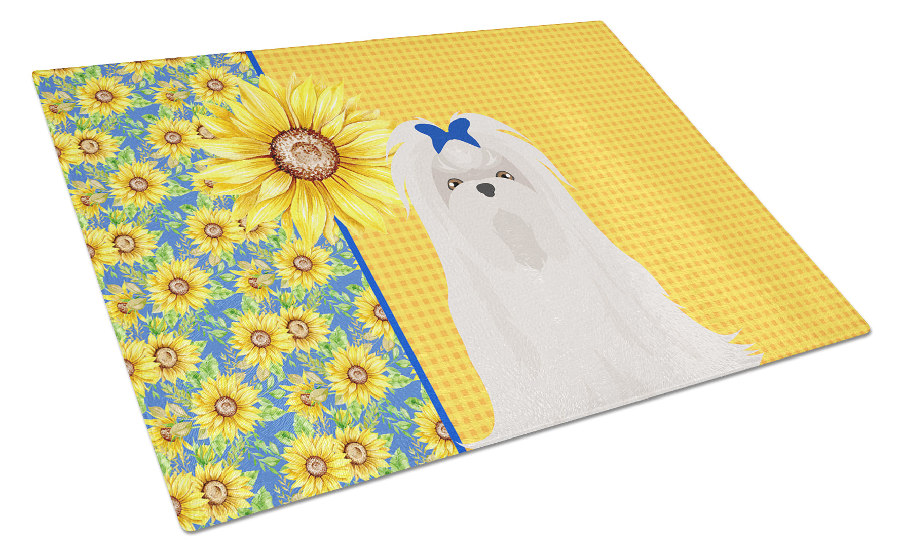Summer Sunflowers Maltese Cutting Board Tempered Glass Kitchen Cutting Surface, Heat Resistant Chopping, Non-Slip Feet, Food Prep & Serving