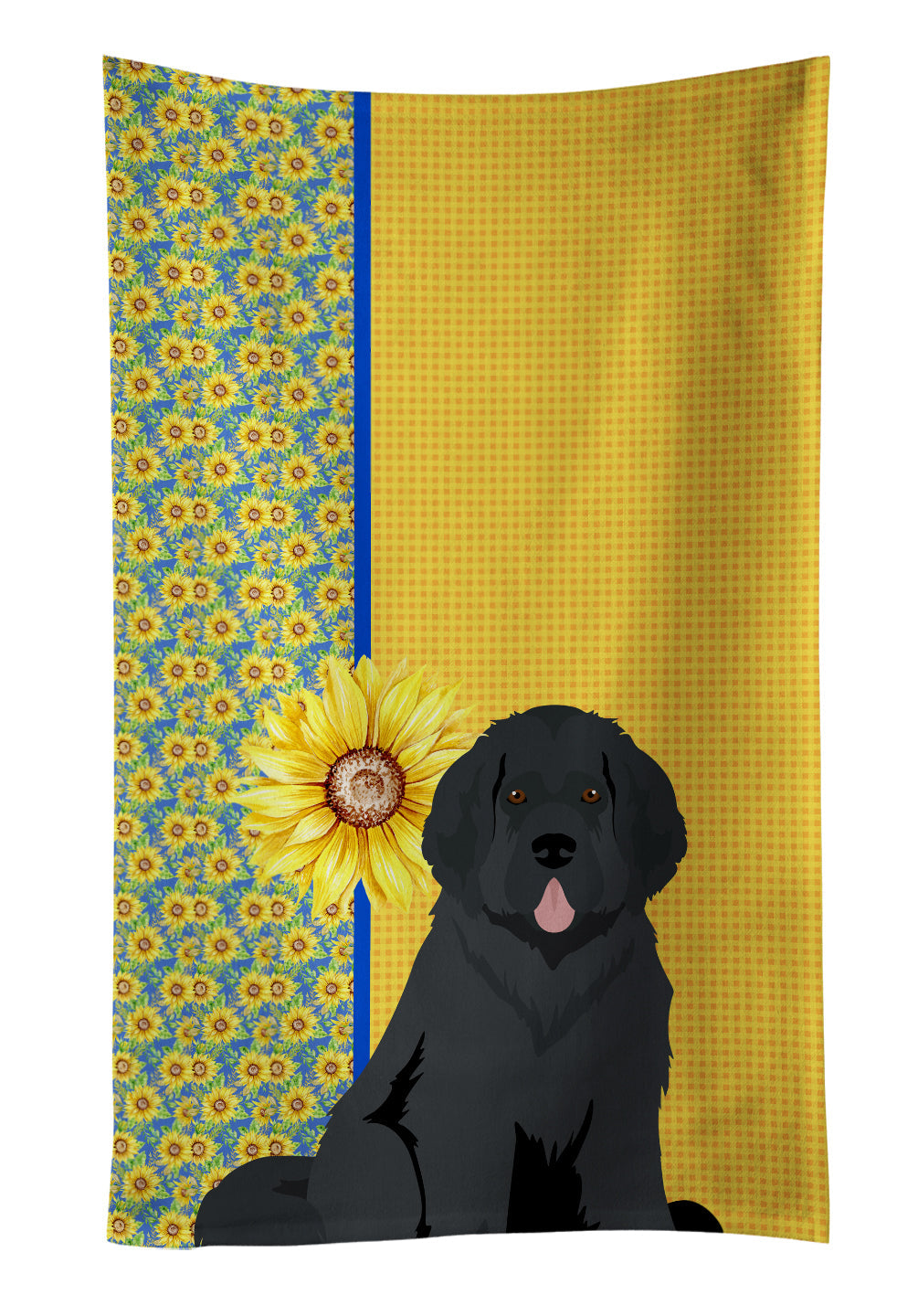 Summer Sunflowers Black Newfoundland Kitchen Towel Velour Plush Front and Cotton Loop Back Machine Washable