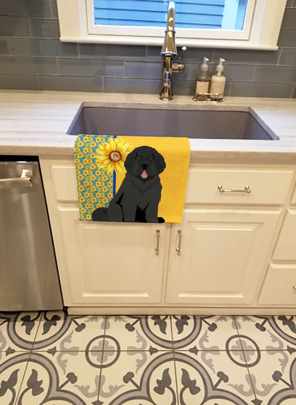 Summer Sunflowers Black Newfoundland Kitchen Towel Velour Plush Front and Cotton Loop Back Machine Washable