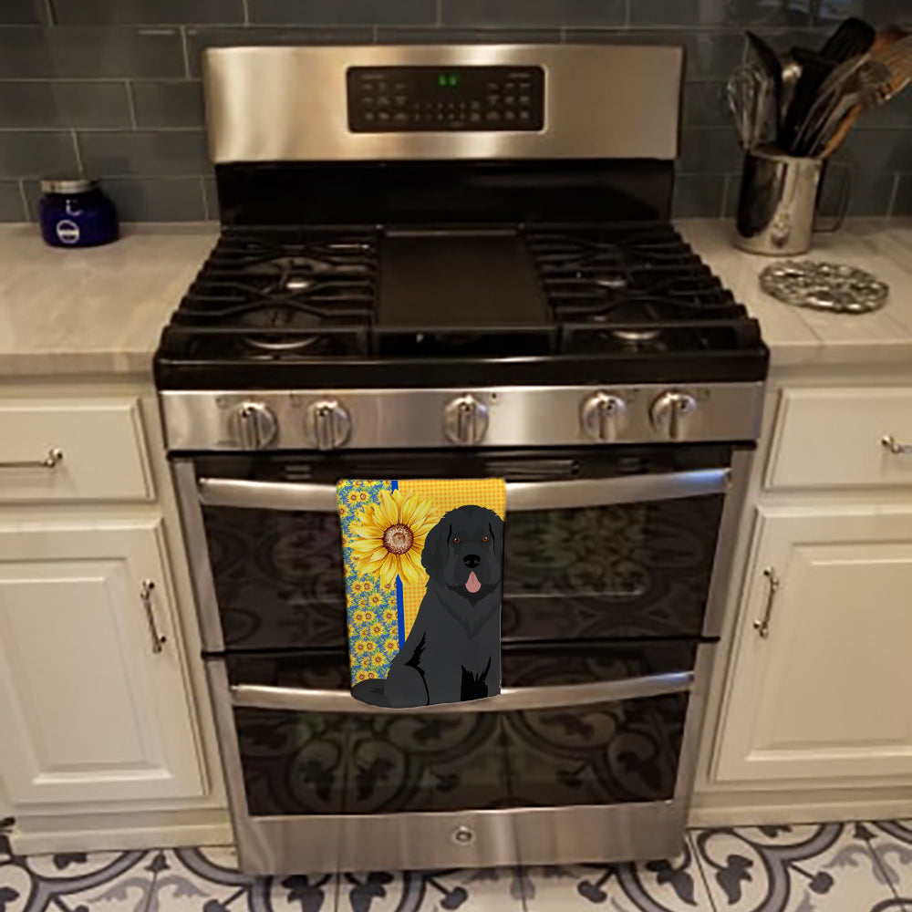 Summer Sunflowers Black Newfoundland Kitchen Towel Velour Plush Front and Cotton Loop Back Machine Washable
