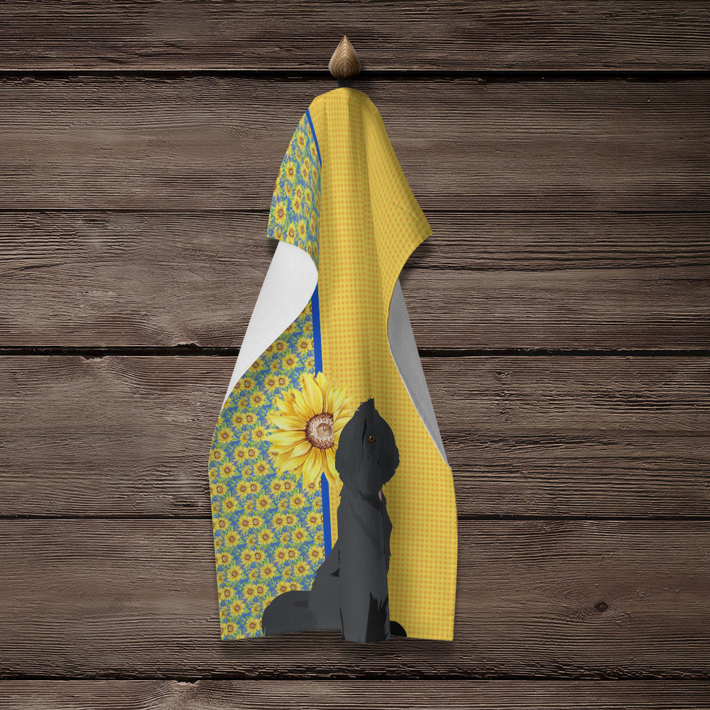 Summer Sunflowers Black Newfoundland Kitchen Towel Velour Plush Front and Cotton Loop Back Machine Washable
