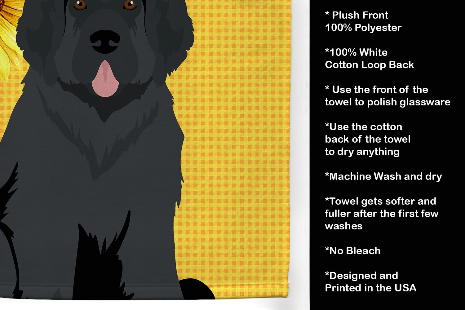 Summer Sunflowers Black Newfoundland Kitchen Towel Velour Plush Front and Cotton Loop Back Machine Washable